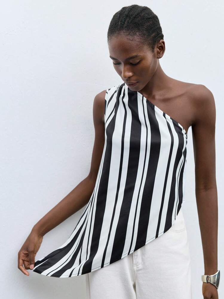 SHEIN Maija Damski top w czarno-białe paski na lato, elastyczny pasek na jedno ramię, asymetryczny dół, seksowny i modny top, luźny i wygodny, odpowiedni na wakacje w kurorcie i na plaży. Letni top damski na wyjście.
