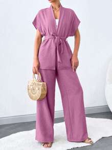 SHEIN Tall Women Solid Batwing Sleeve Belted Top & Wide Leg Pants Set - Dusty Pink - View 5