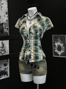 EgrlEra 女式夏季短袖格子荷叶边拼布衬衫