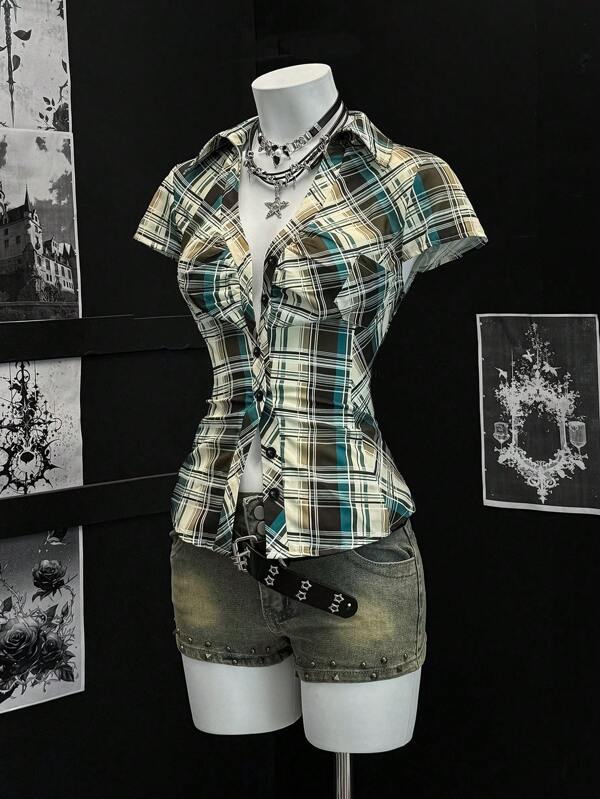 EgrlEra Women's Summer Short Sleeve Plaid Ruffle Patchwork Blouse