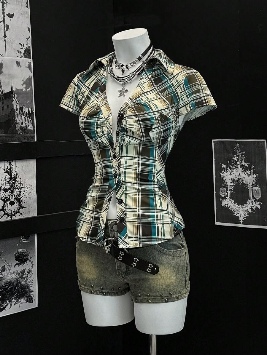 EgrlEra 女式夏季短袖格子荷叶边拼布衬衫