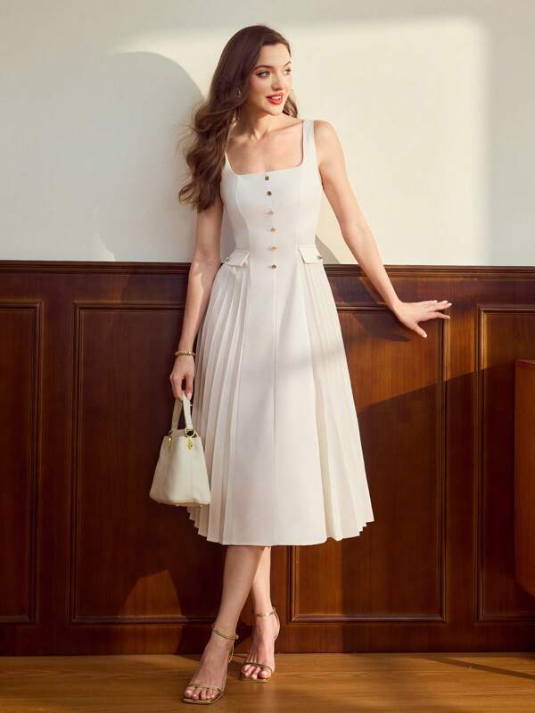 Vintamour Vintage Elegant Pleated Dress Buttoned Casual Commute Holiday A-Line Dress Business Women Attire Professional Women Clothes Summer Dresses For Women Summer Outfits For Women White Dresses For Women Graduation Dress Vacation Outfits Woman Wedding Guest Dress Women Sun Dresses For Women Formal Dresses For Women Business Casual Woman Graduation Dresses For Women Birthday Dresses For Women Dresses For Women Elegant Women Summer Clothes