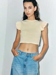 Lumivelle Women Ribbed Form-Fitting Cap Sleeve Round Neck T-Shirt,Cream Summer Casual Occasion Layered Decor Ruffle Crop Tops Back To School Clothes University - Apricot - View 8