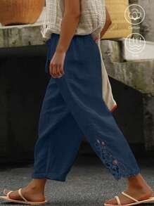 EMERY ROSE Plus Size Casual Linen Patchwork Embroidered Floral Trim Long Pants - Blue - View 1