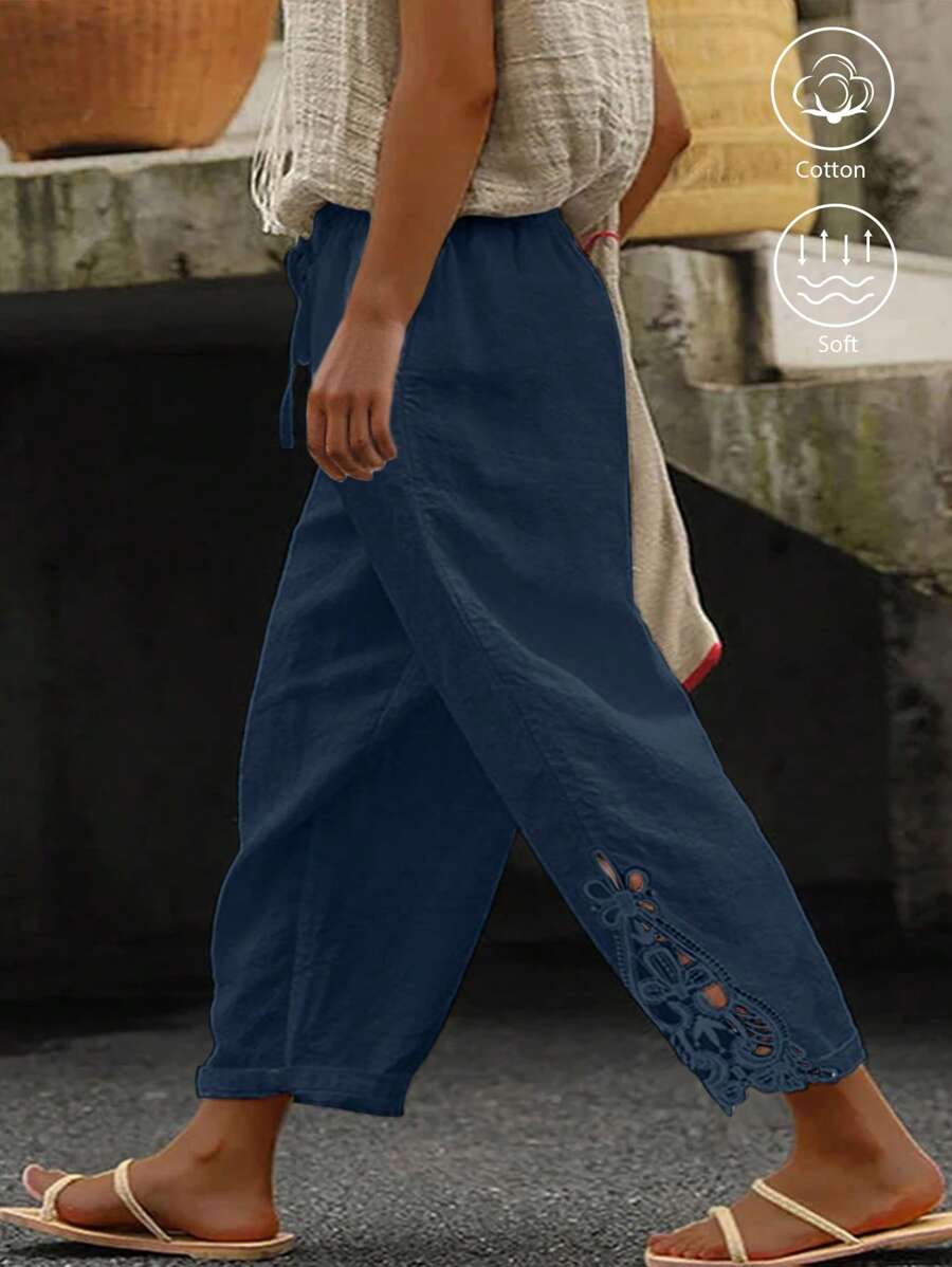 EMERY ROSE Plus Size Casual Linen Patchwork Embroidered Floral Trim Long Pants - Blue - View 1