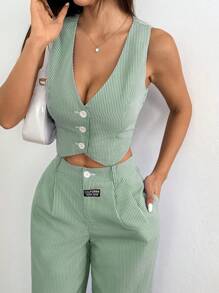Solflare Conjunto de chaleco a rayas verde oliva con pantalones, traje semitransparente de talla grande, casual de negocios para mujer, conjunto de chaleco y pantalones, conjunto de 2 piezas a rayas, traje de pantalón de verano para otoño/invierno - Verde Oliva - Ver 3
