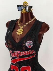 Amplova 泽西风格蕾丝拼接深 V 紧身迷你连衣裙 - 黑色 - 查看 5