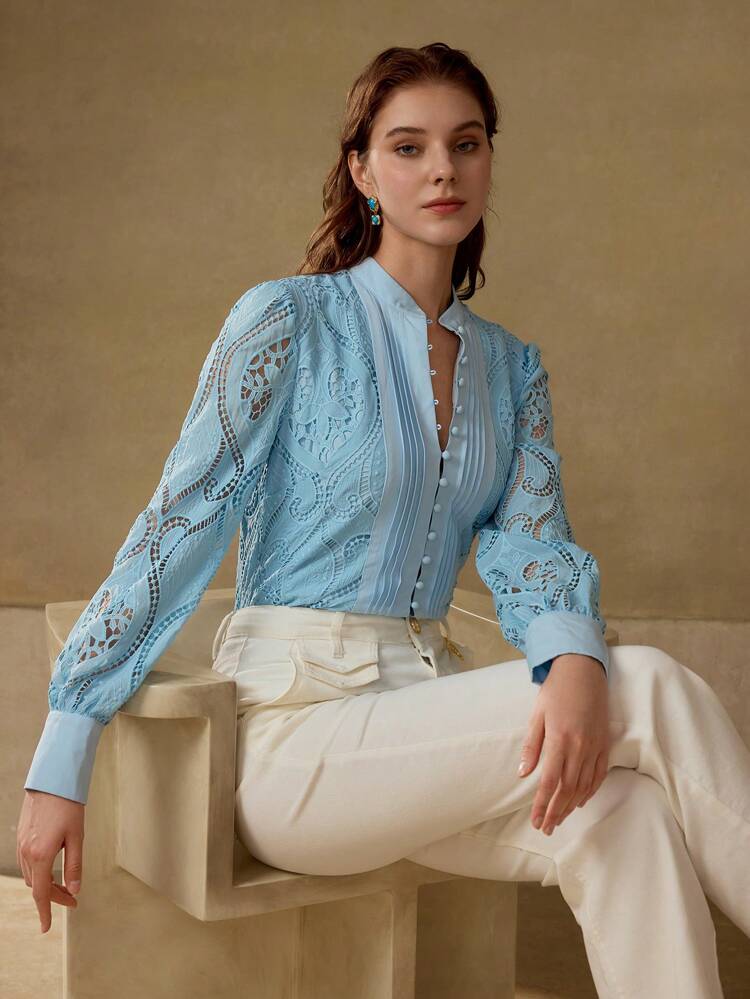 CONTRAST LACE BUTTON UP BLOUSE