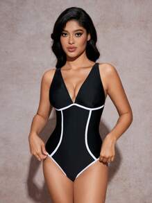 SHEIN Swim 女式收腹露背吊带连体泳衣，带抽绳，黑白条纹，优雅休闲，适合春夏季度假、海滩、派对 - 黑與白 - 查看 6