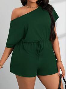 SHEIN PETITE CURVE 女式大码夏季休闲露肩短袖连体裤 - 墨綠色 - 查看 4