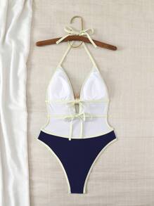 Swim Chiccia Women's One Piece Swimsuit With Spaghetti Strap, Neck Tie, Side Cutouts, Contrast Trim, Elegant Metal Decor For Summer Beach Vacation - Blue and White - View 6