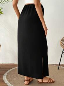 SHEIN Fustă de maternitate casual, culoare solidă, talie înaltă reglabilă, cu crăpături la tiv, linie A, versatilă