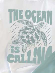 Claim Dot 男士“海洋呼唤”海龟印花无袖背心和短裤套装，宽松版型，适合夏季户外穿着，夏季海滩舒适装