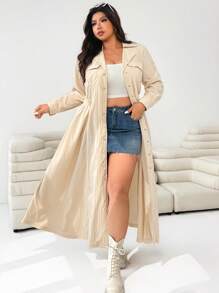 SHEIN EZwear Plus Size Women's Turndown Collar Front Button Decor Long Sleeve Fitted Jacket Long Shirts For Women Long Blouses Beige Dress Long Coat Dress And Coat Winter Fall Autumn