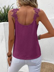 SHEIN Frenchy Áo ba lỗ ren trơn màu giản dị cho kỳ nghỉ - Màu đỏ tím - Xem 2