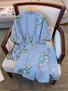 GlowEve CURVE 两件套：优雅通勤休闲可爱女士时尚条纹印花衬衫，纽扣领，七分袖，搭配松紧腰短裤，蓝白相间，大码，春夏秋三季 - 藍白色 - 查看 2