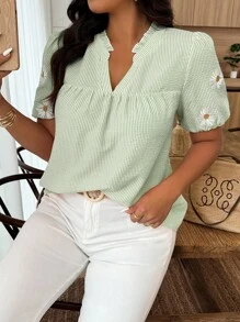 SHEIN Clasi Plus Size Striped Daisy Print Frill Trim Patchwork Blouse - Multicolor - View 5