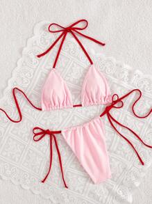 Swim Mod 2pcs/Set New Summer Solid Color Sexy Backless Halter Tie Women Swimsuit Set - Pink - View 3
