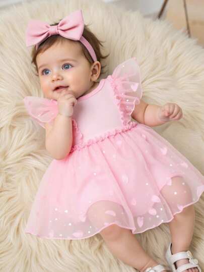 Baby Girls Dreamy Lyxig 3D Heart Net Mesh Romper Dress, bekvämt stickat tyg med volanger, High Fashion Design för fest, utomhusaktiviteter