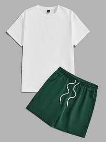 Claim Dot Men's Original Green Japanese Crane Ukiyo-E Landscape Print T-Shirt Set & Shorts, Suitable For Summer, 2 Pieces Outfits, Cozy Outfits