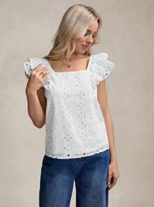 Wildy 波西米亚风白色女式衬衫，适合教师、商务女性穿着，饰有精美刺绣，方领荷叶边袖，时尚百搭。 - 白色 - 查看 6