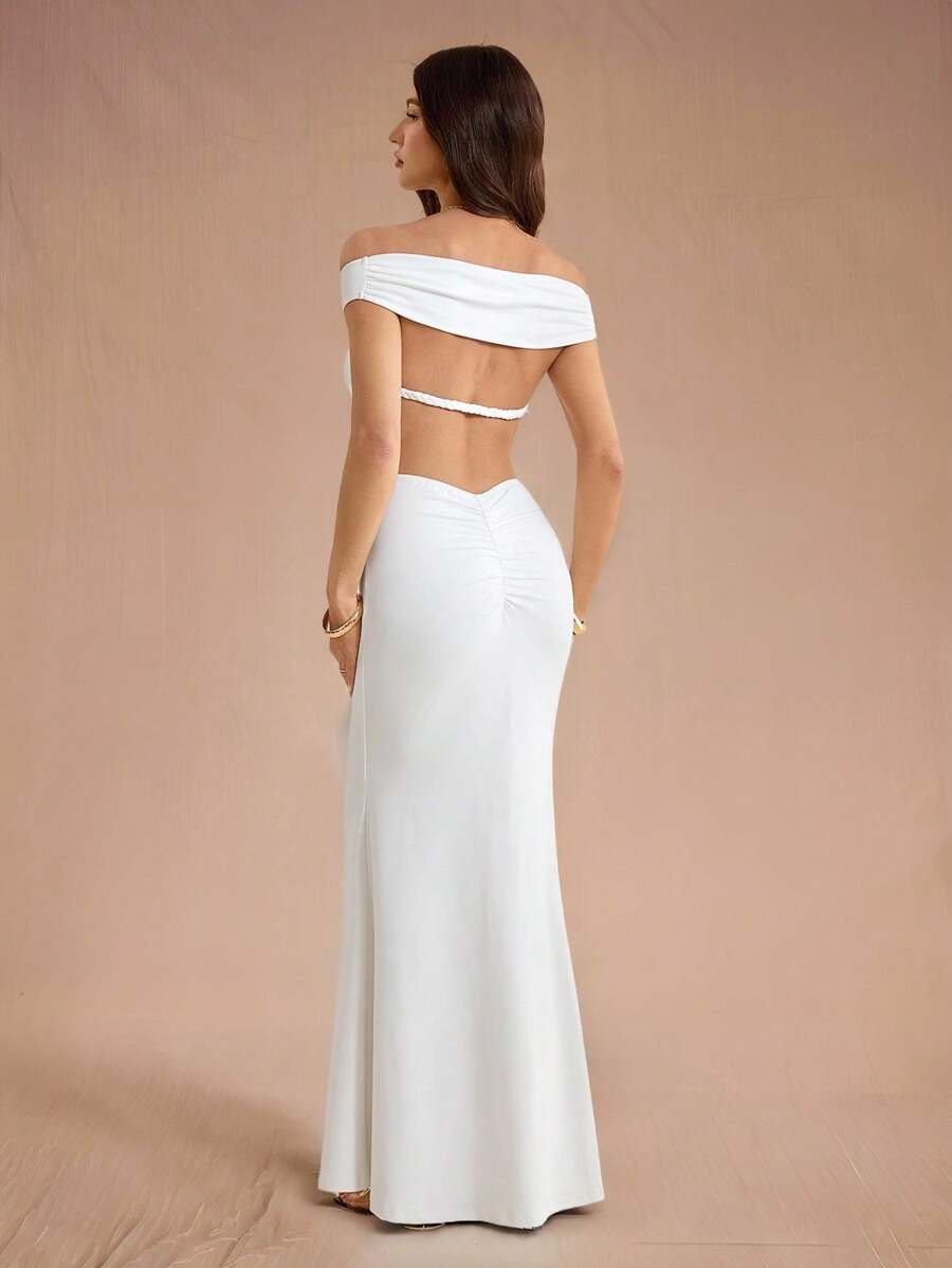 SHEIN Tall Váy dài bó sát hở lưng gợi cảm mùa cưới màu trắng cho nữ, tiệc hẹn hò phù hợp cho kỳ nghỉ hè - trắng - Xem 1