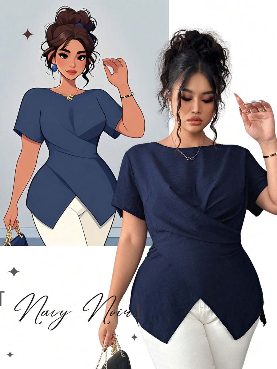 Elenzga 大码女装夏季必备休闲不对称下摆优雅衬衫女装夏季服装女装女装上衣优雅女装夏季衬衫女加大码正式女装加大码商务休闲女装上衣女式衬衫优雅女式衬衫优雅 - 藏蓝色 - 查看 1