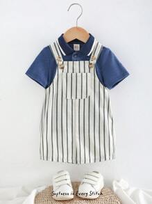 Cozy Pixies 2 Stücke Baby Jungen geripptes weiches Kragen Kurzarm Top mit halber Knopfleiste und gestreifter Latzhose-Shorts Set