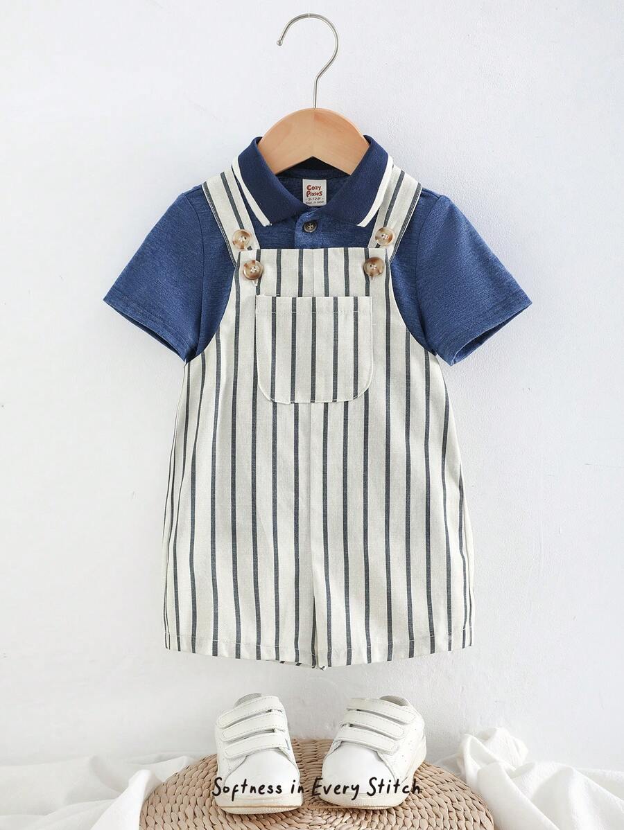 Cozy Pixies 2 Stücke Baby Jungen geripptes weiches Kragen Kurzarm Top mit halber Knopfleiste und gestreifter Latzhose-Shorts Set