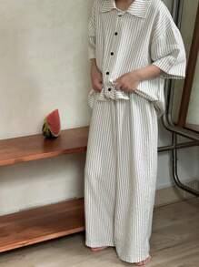 DAZY Tween Boys Loose Striped Pajama Set With Collar Cardigan And Straight Leg Pants, Summer,Back To School Clothes - Apricot - View 5