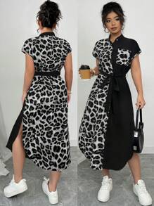 Elenzga Gaun Wanita Ukuran Besar Elegan Motif Leopard dengan Kerah Kemeja, Lengan Raglan, Pita Ikat Sendiri, dan Kancing Kayu, Desain Kasual Serbaguna untuk Klub Musim Semi/Panas - MultiWarna - View 1