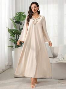SHEIN Najma Women's Casual Loose Floral Neck Long Modest Dress - Beige - View 3