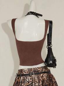 SHEIN ICON Top sin mangas de color liso para mujer, moda para el 4 de julio - Café integral - Ver 2