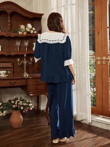 Côtesoire Conjunto de pijama de mujer estilo palacio con volantes tipo burbujas, parte superior y pantalones - azul real - Ver 2