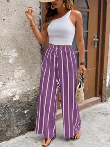 Flirla 大码时尚休闲纹理黑白条纹直筒裤，百搭度假装 - 紫色 - 查看 3