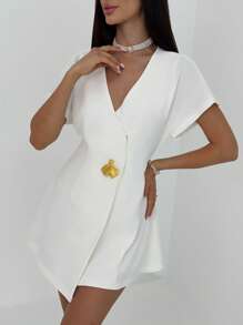 Aloruh New Stylish Simple Commuter Solid White Deep V-Neck Waist Fitted A-Line Dress - White - View 6