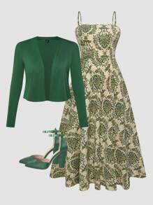 SHEIN Tall 大码女式高腰印花针织连衣裙配开衫两件套，波西米亚度假风 - 綠色 - 查看 1