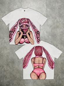 Manfinity EMRG Camiseta oversize de estilo callejero con gráfico de chica conejo en el frente y la espalda (cuello ancho)