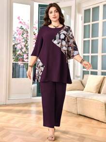 Lacomfia Bộ 2 món/Bộ đồ nữ cỡ lớn cổ tròn in hoa tay 3/4 và quần dài, trang phục đi nghỉ thường ngày - Màu tím - Xem 6
