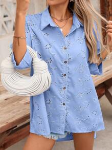 SHEIN VCAY Camicia casual oversize con maniche corte, in colore unito, ricamata e con dettagli traforati, per taglie comode