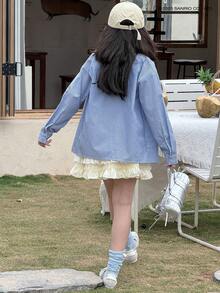 HELLO KITTY | DAZY 女童卡通字母印花落肩长袖条纹单排扣衬衫