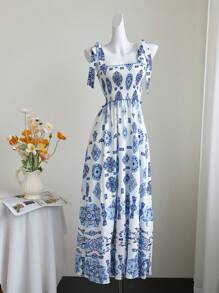 SHEIN Unity Blue Holiday Style Strap Porcelain Print Slip Dress - Blue - View 1