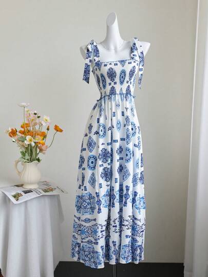 SHEIN Unity Blue Holiday Style Strap Porcelain Print Slip Dress