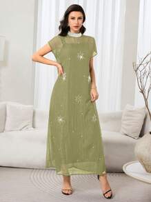Al Najma 女士纯色仿珍珠装饰立领短袖优雅长裙 - 綠色 - 查看 3