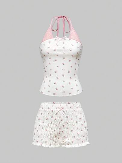 Kawaii مجموعة فتاتية راقية عتيقة للنساء، مكونة من قطعتين، نسيج معالج وذو ألوان متباينة مع لوحة من الدانتيل