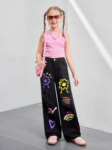 Tween Girls Casual Fashion Colorful Flower & Heart Print Mid Waist Loose Straight Leg Ripped Distressed Jeans, Stylish & Cool Street Style