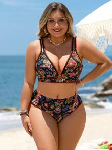 Swim Lushoire Plus Size Women Floral Print Bikini Set Vacation Style For Summer