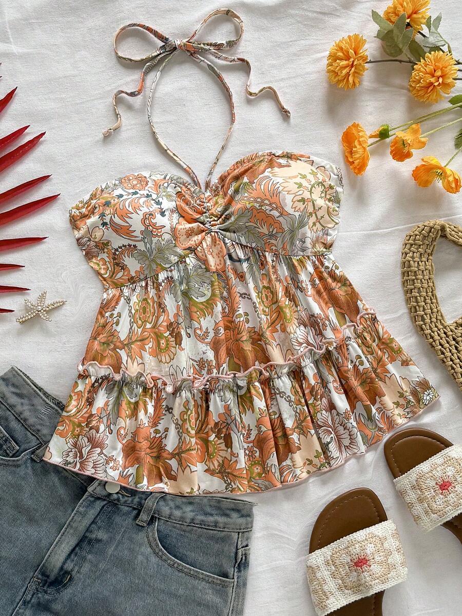 Soleia 女式波西米亚花卉印花露背 A 字形宽松休闲套头衫，适合节日、音乐节穿着 - 彩色 - 查看 1