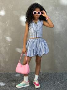 Coolane Kids Tween Girls Spring/Summer Streetwear Y2K Crop Tops Tank Tops Bubble Skirts Two Pieces Outfits - Blue and White - View 5