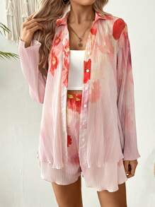 SHEIN 2 chiếc áo khoác dài tay họa tiết sọc và hoa cho bà bầu và quần short thường ngày - Nhiều màu - Xem 3